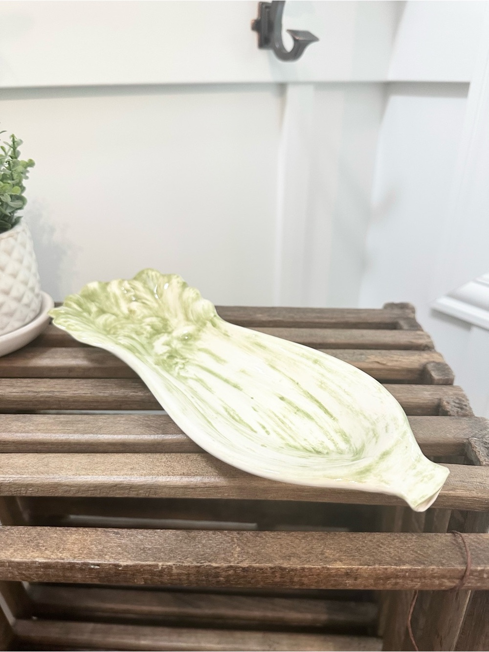 Vintage 1970 Signed Hand Made Green Ceramic Lettuce Serving Platter 12.5 x 4.5”